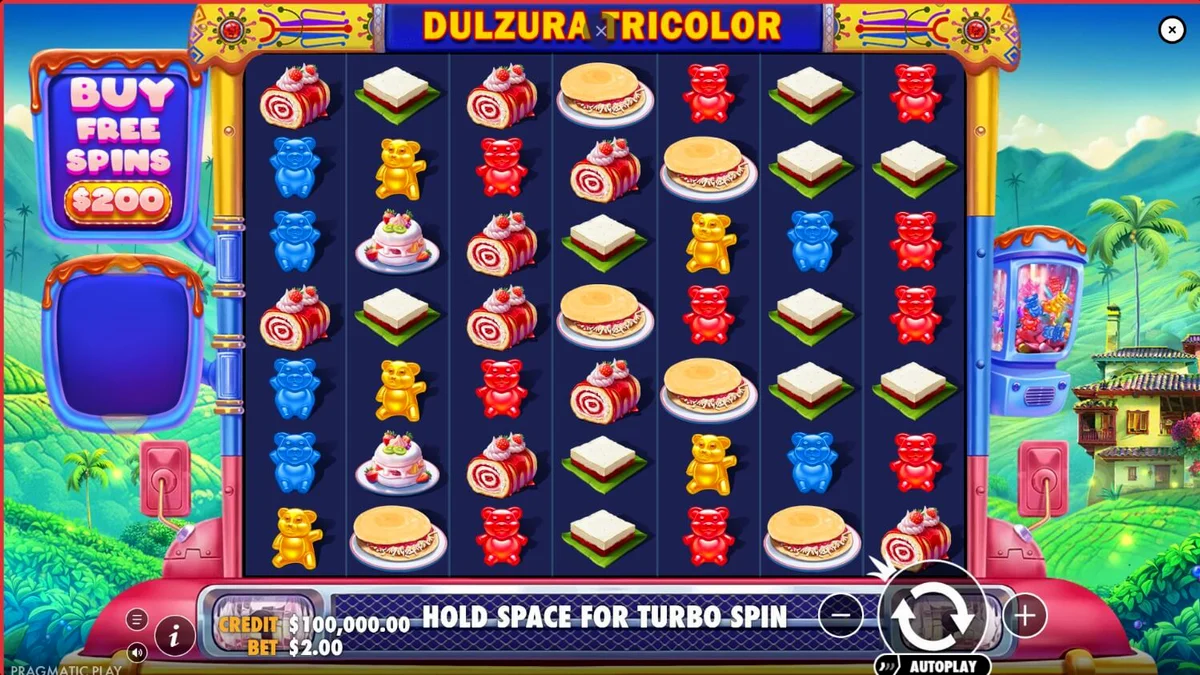 Tampilan visual slot Dulzura Tricolor dengan tema tropis Kolombia dan simbol kue manis.